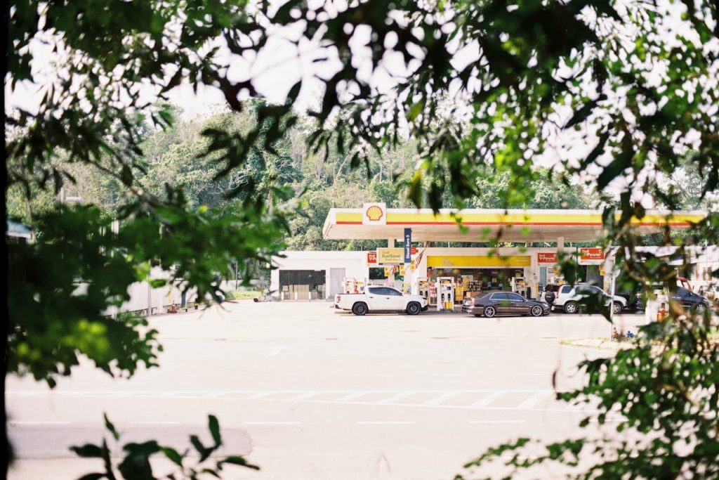 A Shell gas station with parked cars, framed by greenery, on a sunny summer day.